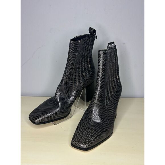 Paige Women's Frankie Square Toe Snake Embossed Leather Heeled Boot Black Sz 8.5 - Picture 2 of 8